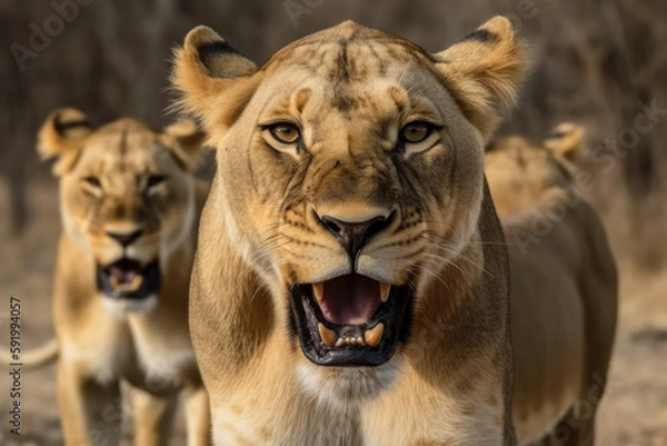 Obraz angry lioness with ears back and showing teeth looking at camera.
