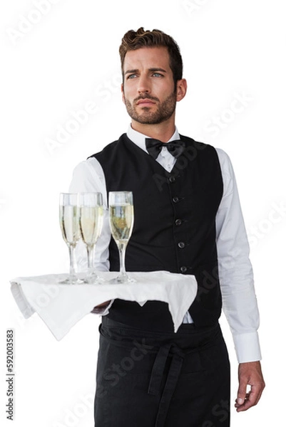 Obraz Przystojny kelner trzymający tacę szampana