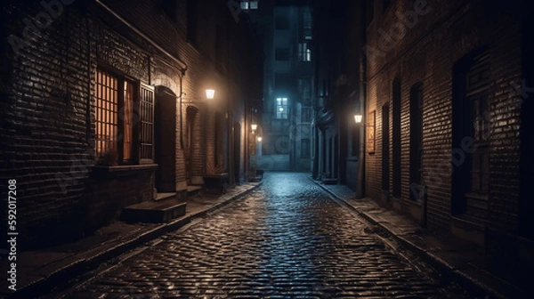 Fototapeta Dark and scary vintage cobblestone brick city alley at night in Chicago, Generative Ai