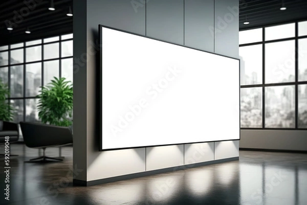 Obraz Realistic 3d side view of presentation screen in modern office environment, Modern interior with wide LED screen mockup, generative ai	
