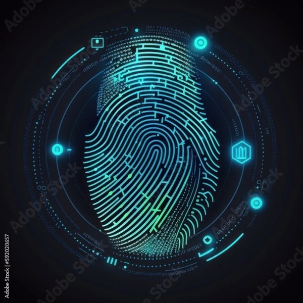 Fototapeta Fingerprint scanning, biometric authentication, cybersecurity and fingerprint password, future technology and cybernetic. E - kyc( electronic know your customer) , Generative AI