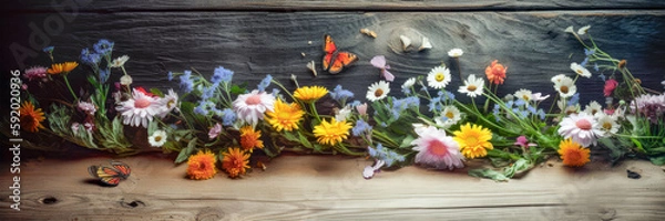 Fototapeta Spring postcard on a wooden background. Spring themed layout. Colorful meadow flowers and blank postcard with copy space. Generative AI.