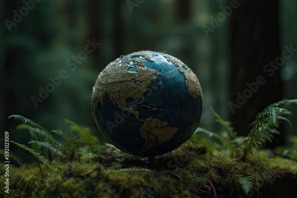 Fototapeta  Earth Globe Covered in Moss and Woods, Embodying the Harmony and Serenity of Nature, Perfect for Environmental Conservation and Outdoor Adventure Concepts, Generative AI