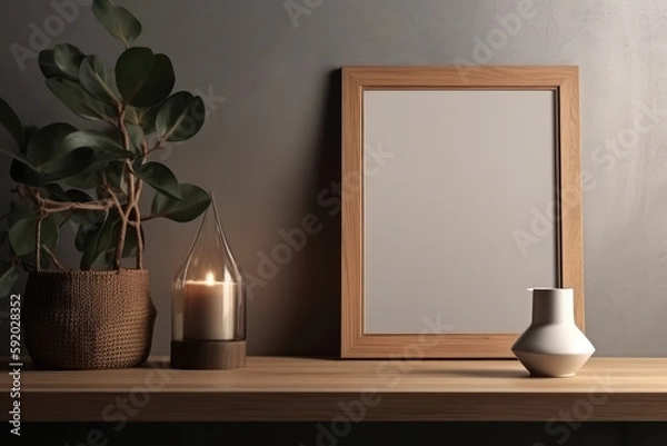 Fototapeta Empty white frame mock up on wall. Modern scandinavian style interior with wooden furniture. Blank for template with copy space. Created with Generative AI