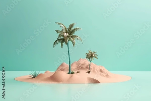 Obraz A small isolated island with palm trees. 3d plasticine clay dough style travel tropical illustration