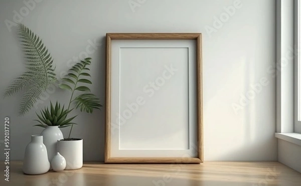 Fototapeta Blank wooden picture frame mockup on wall, Empty picture frame mockup on a wall vertical frame mockup in modern minimalist interior