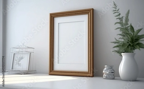 Fototapeta Blank wooden picture frame mockup on wall, Empty picture frame mockup on a wall vertical frame mockup in modern minimalist interior