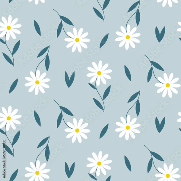 Obraz Seamless pattern of hand drawn retro style daisy flowers on isolated blue background. Design for springtime, Mother’s day, Easter celebration, scrapbooking, nursery decor, home decor, paper crafts.