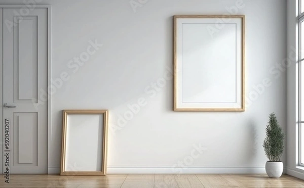 Fototapeta blank picture frame mockup on a wall vertical frame mockup in modern minimalist interior with plant in trendy vase on wall background, Template for painting, photo or poster