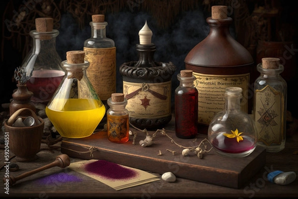 Obraz still life with bottle of oil and spices