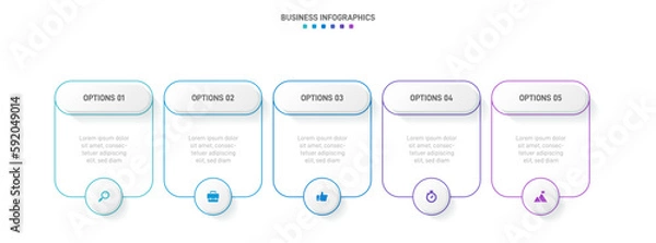 Fototapeta Timeline infographic with infochart. Modern presentation template with 5 spets for business process. Website template on white background for concept modern design. Horizontal layout.
