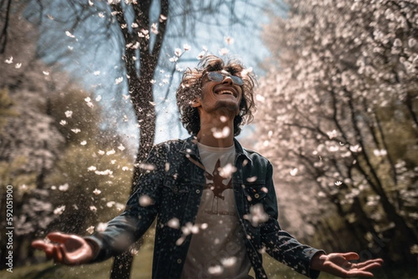 Fototapeta a young man rejoices by spreading his arms up among the falling petals when cherry blossoms bloom on a sunny spring day. generative AI