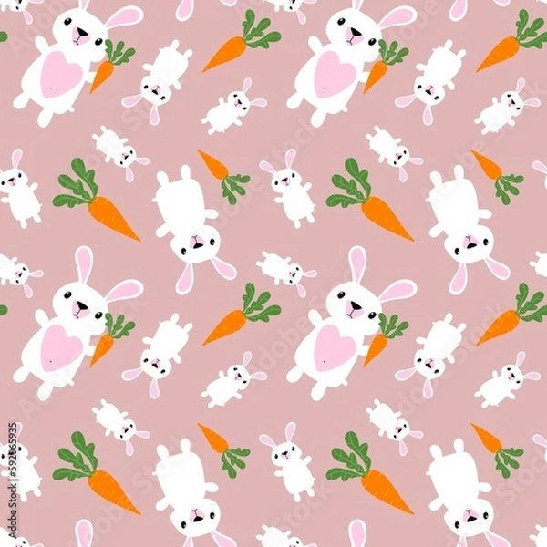 Fototapeta Cartoon animals seamless Easter eggs and rabbit and paint bunnies pattern for wrapping paper and kids clothes print