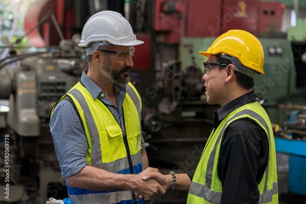Fototapeta Engineer people Happy to be successful partnership team. Smiling Engineer shaking hands. Metal Machine.