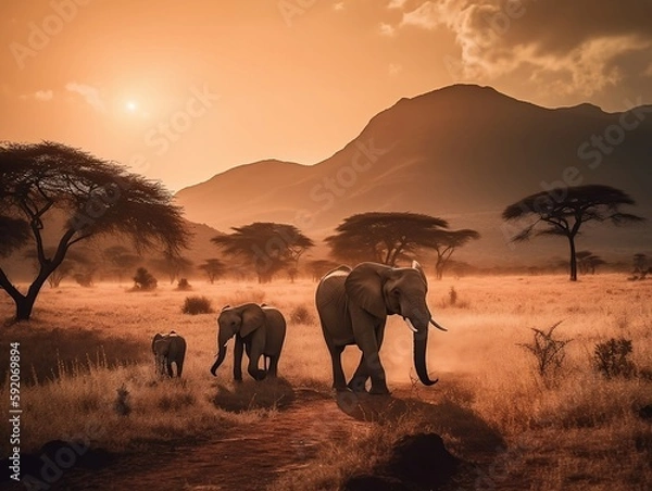 Fototapeta The photograph shows a family of elephants walking across a savannah. The sun is setting, casting a warm orange glow on the grass and the elephants' skin. In the background, there are trees and mounta