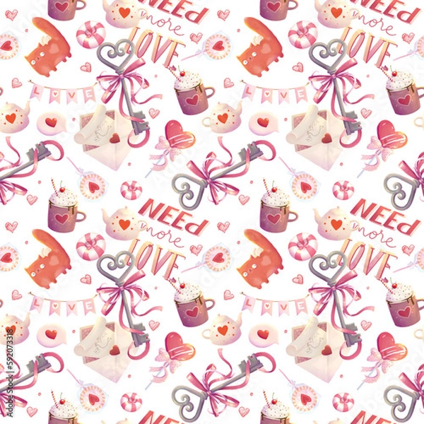 Fototapeta romantic decorative stylized seamless pattern with candy, kettle, cat, about love on a white background