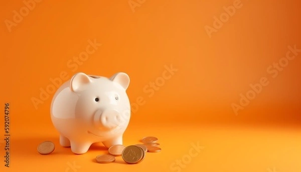 Obraz piggy bank with coins, orange background