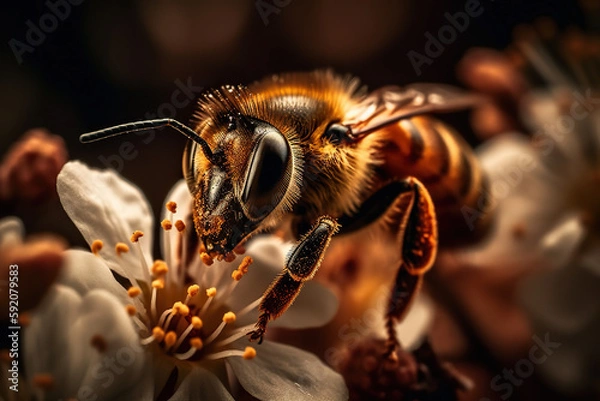 Fototapeta Graceful Visitor: Bee Resting on White Flower in Captivating Photo