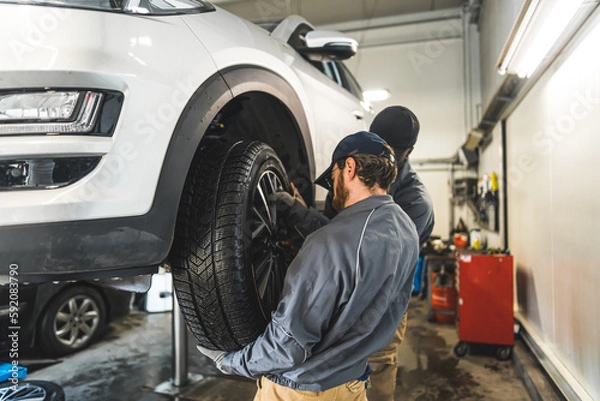 Obraz car wheel changing process in the garage, two mechanics working in the workshop. High quality photo