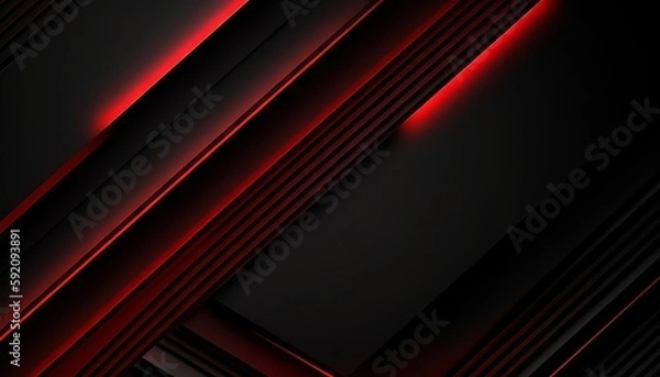 Fototapeta Black abstract diagonal overlap layers background with red light decoration. Generative ai