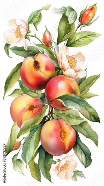 Fototapeta The Sweetness of Peaches. Realistic Watercolor Fruit Art. AI Generated