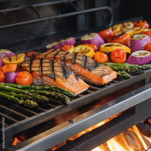 Fototapeta Grilled Salmon and Vegetables - Generative Ai Illustration