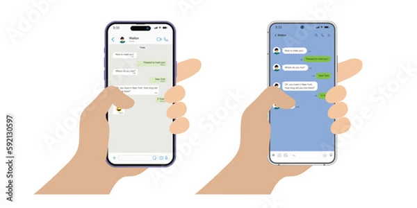 Fototapeta Hand holds the smartphone with messenger application. Flat vector modern phone mock-up illustration.
