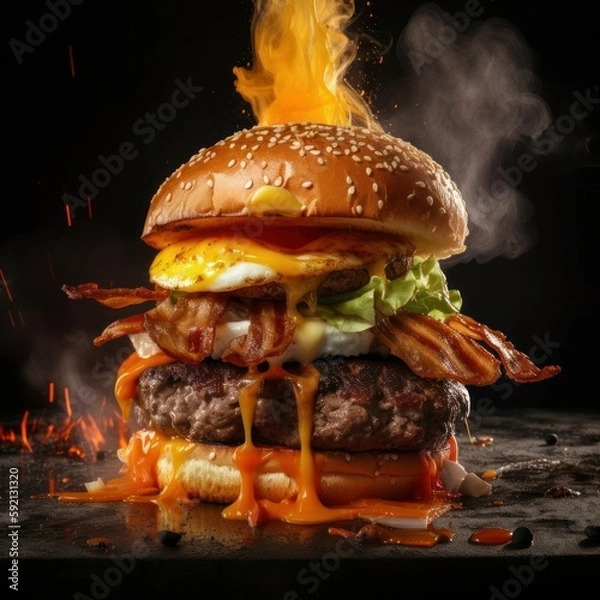 Fototapeta Flaming Breakfast Burger - Generative Ai Illustration
