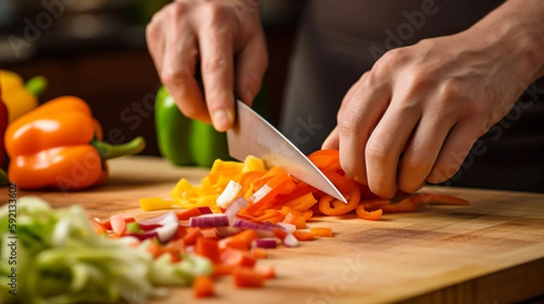Fototapeta man cuts vegetables on a cutting board, multicolor. Generative Ai
