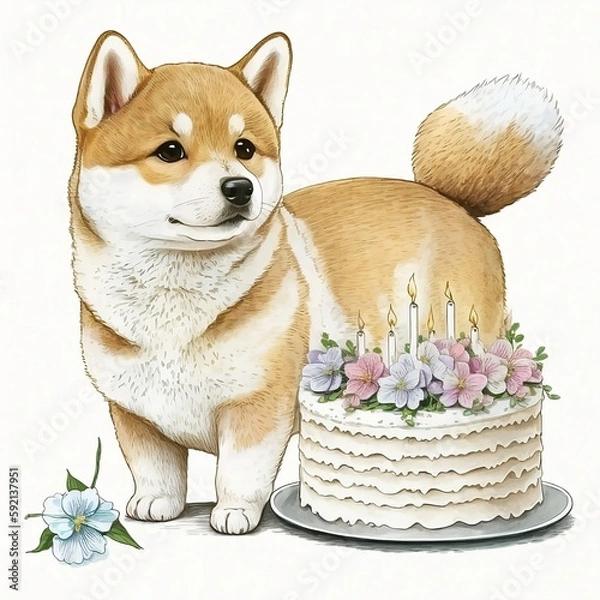 Obraz How to Celebrate Your Shiba Puppy's Birthday with a Cute Cake (ai generated)