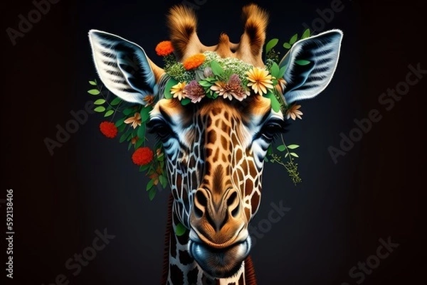 Obraz Giraffe portrait with flowers and leaves, Creative animal portrait, grey background, Generative AI