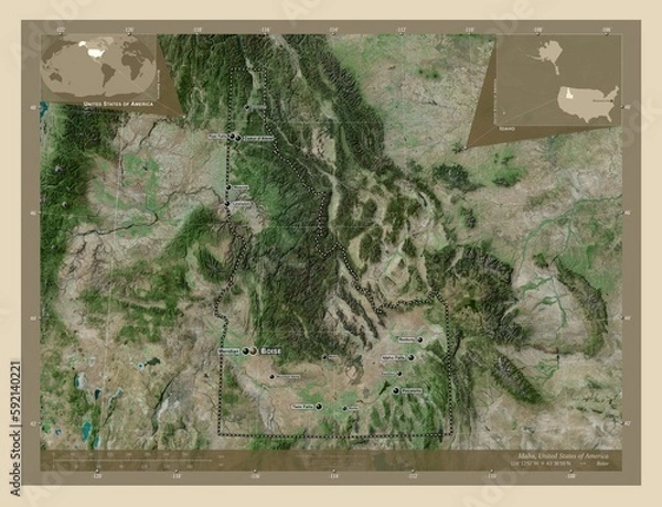 Obraz Idaho, United States of America. High-res satellite. Labelled points of cities