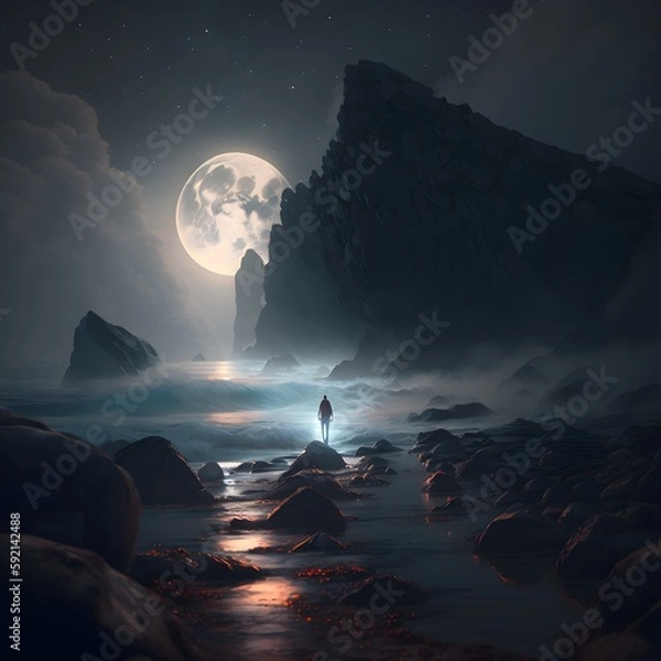 Obraz Aerial View of the Seaside at Night: An Image Capturing the Beauty of the Seaside (ai generated)