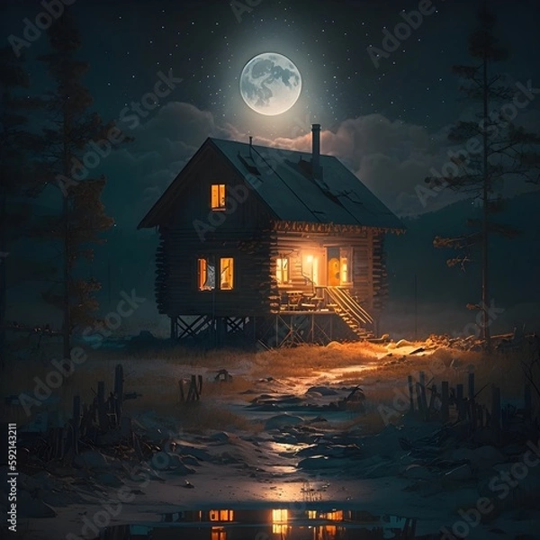 Obraz An Aerial View of the Shack: A Stunning Nighttime Image (ai generated)