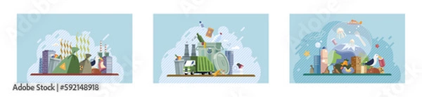 Obraz Set of recycling, waste management and zero waste related. Globe earth with trash, ecology problem and World Environment Day. Earth day. Types of waste organic, plastic, metal, paper, glass, e-waste