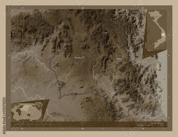 Fototapeta Gia Lai, Vietnam. Sepia. Labelled points of cities