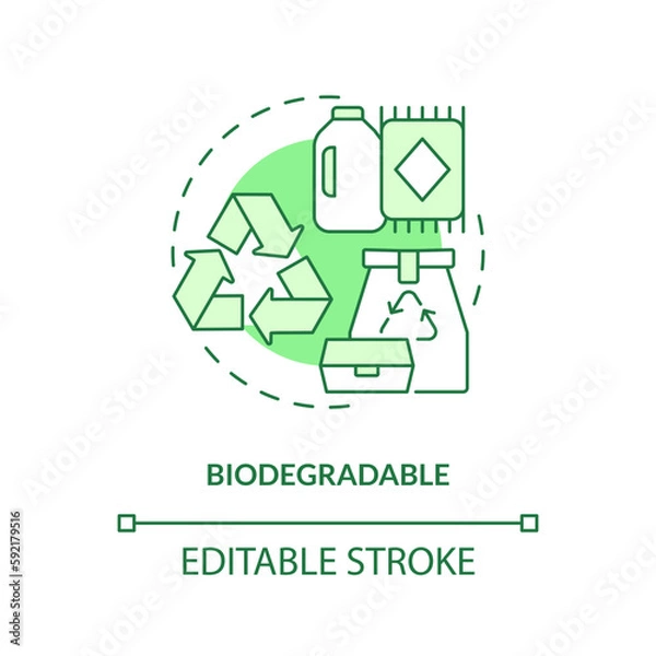 Fototapeta Biodegradable green concept icon. Compostable product. Eco friendly. Biobased material idea thin line illustration. Isolated outline drawing. Editable stroke. Arial, Myriad Pro-Bold fonts used