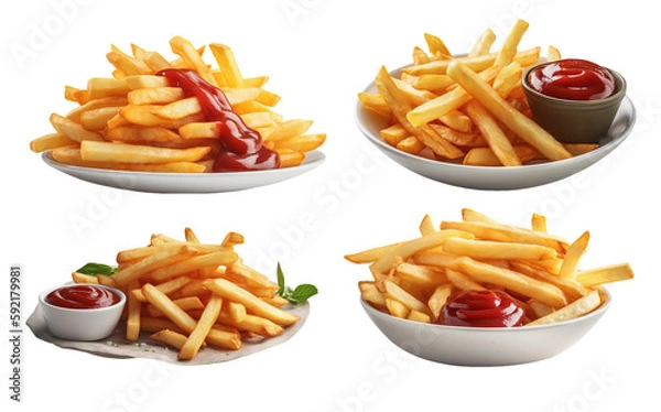 Fototapeta A portion of French fries with ketchup, in a bowl or dish, Generative AI