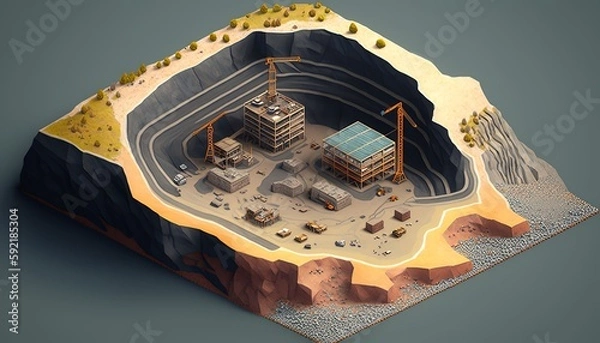 Fototapeta Low poly opencast mining area isometric view. Generative AI