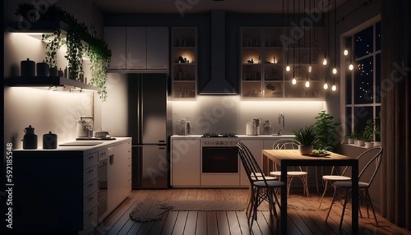 Fototapeta Modern interior style kitchen at night with string of lights. Generative AI