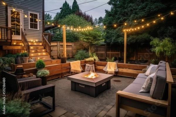 Fototapeta cozy outdoor patio with fire pit and lanterns for evening entertaining, created with generative ai