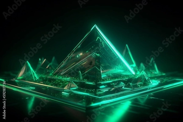 Fototapeta 추상적인 초록 사각뿔 네온 배경. 인공지능 생성 