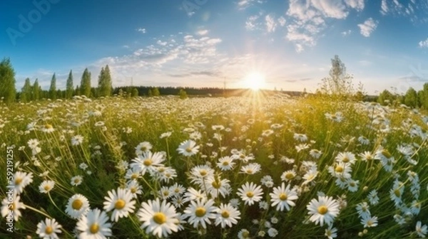 Fototapeta Natural colorful panoramic landscape with many wild flowers of daisies against blue sky. AI generative
