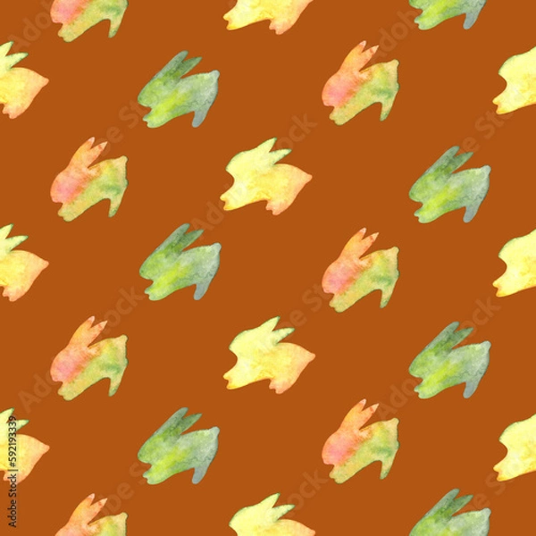 Fototapeta Watercolor seamless hand drawn pattern with colored silhouette of hares, bunnies and rabbits