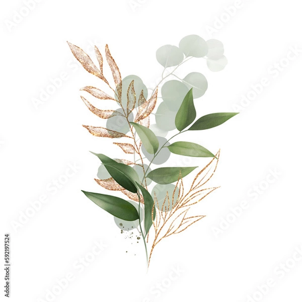 Fototapeta Watercolor bouquet of leaves and eucalyptus branch with golden line. Botanical herbal illustration isolated on transparent background for prints, fabric, wallpapers, postcards, greeting cards, wedding