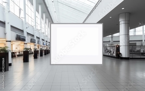 Fototapeta A spacious public area features a large blank white canvas, standing as a stark centerpiece in a high-ceilinged, well-lit modern venue.