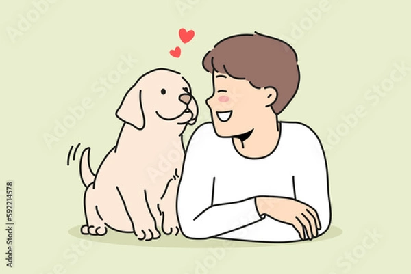 Fototapeta Smiling little boy child lying with cute puppy. Happy kid playing with dog enjoy leisure time with pet friend. Vector illustration. 