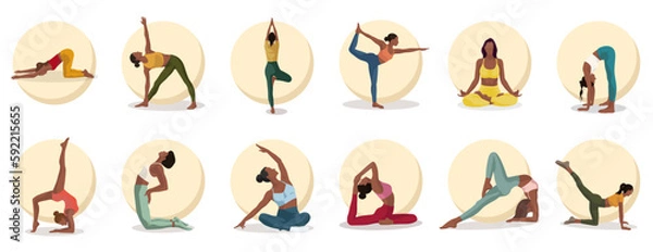 Fototapeta set of 12 black girls doing sport exercise fitness in different poses and clothes with pale yellow circle on white background for webs apps posters