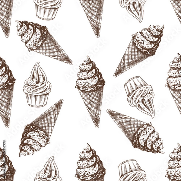 Fototapeta Vector vintage ice cream seamless pattern. Hand drawn monochrome  illustration of  waffle cones with frozen yogurt or soft ice cream in a cup. Great for menu, poster or restaurant background.