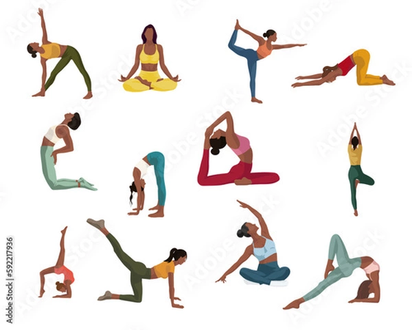 Fototapeta set of 12 black girls doing fitness yoga sport in different poses and clothes on white background for apps webs banners
